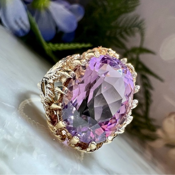 Vintage Estate Giant Amethyst Ring Solid 14k Gold caged prongs Filigree Ring 14K - Picture 4 of 16
